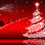 Santa Claus & Christmas tree on red background