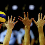 Players of Slovenia attempt to block a b